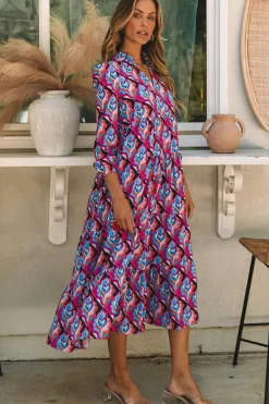 Clearance Dear-Lover Abstract Geometric Print Long Sleeve High Waist Dress Multicolor-2