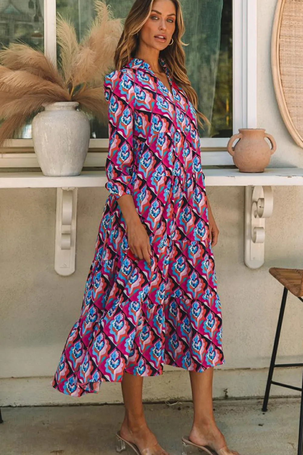 Clearance Dear-Lover Abstract Geometric Print Long Sleeve High Waist Dress Multicolor-2