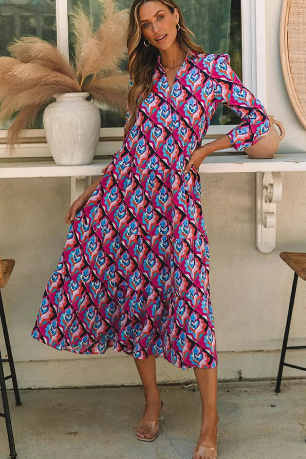 Clearance Dear-Lover Abstract Geometric Print Long Sleeve High Waist Dress Multicolor-2