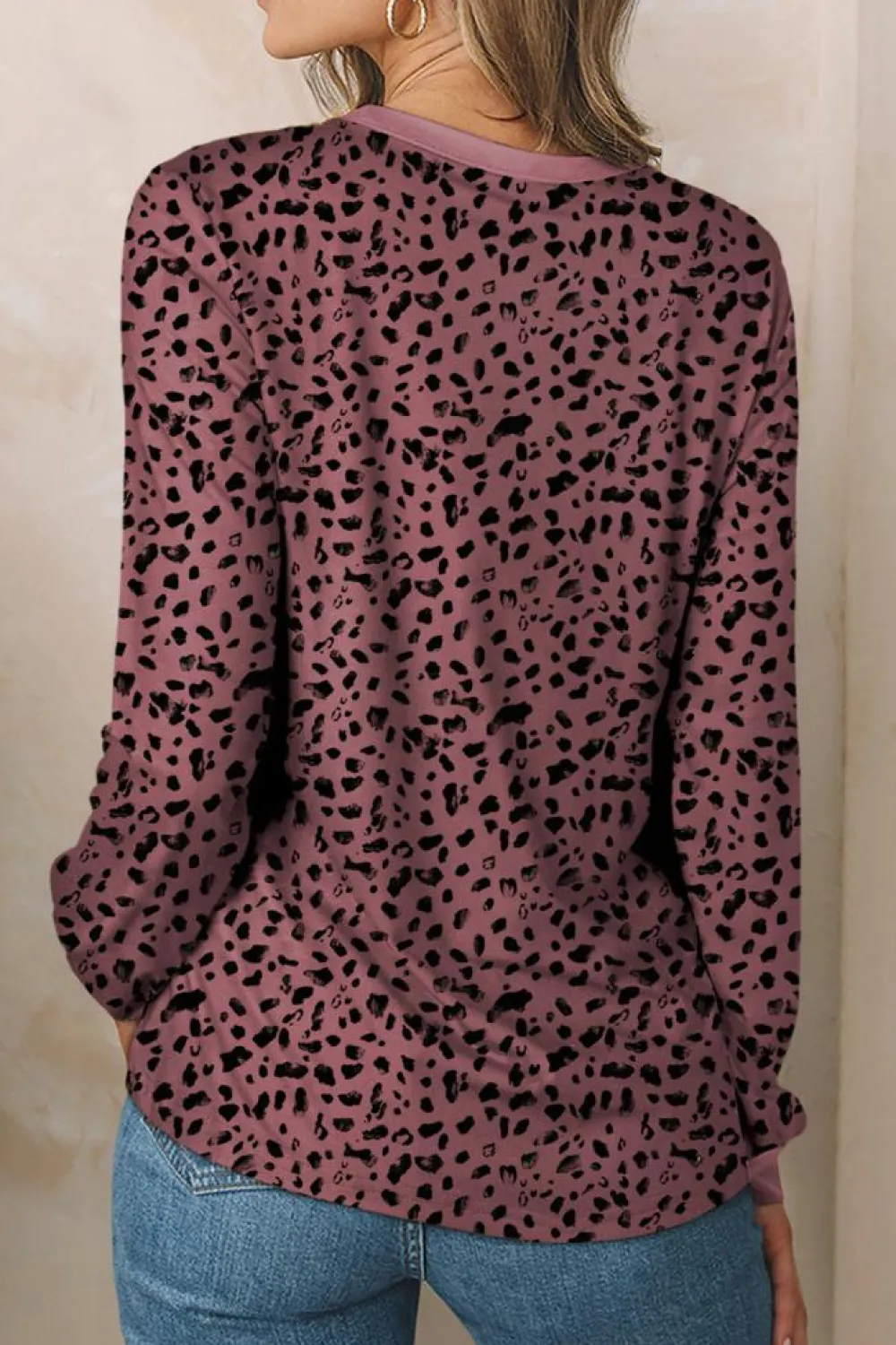 New Dear-Lover Animal Spotted Print Round Neck Long Sleeve Top Fiery Red