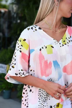 Fashion Dear-Lover Animal Watercolor Mixed Print Loose Top White