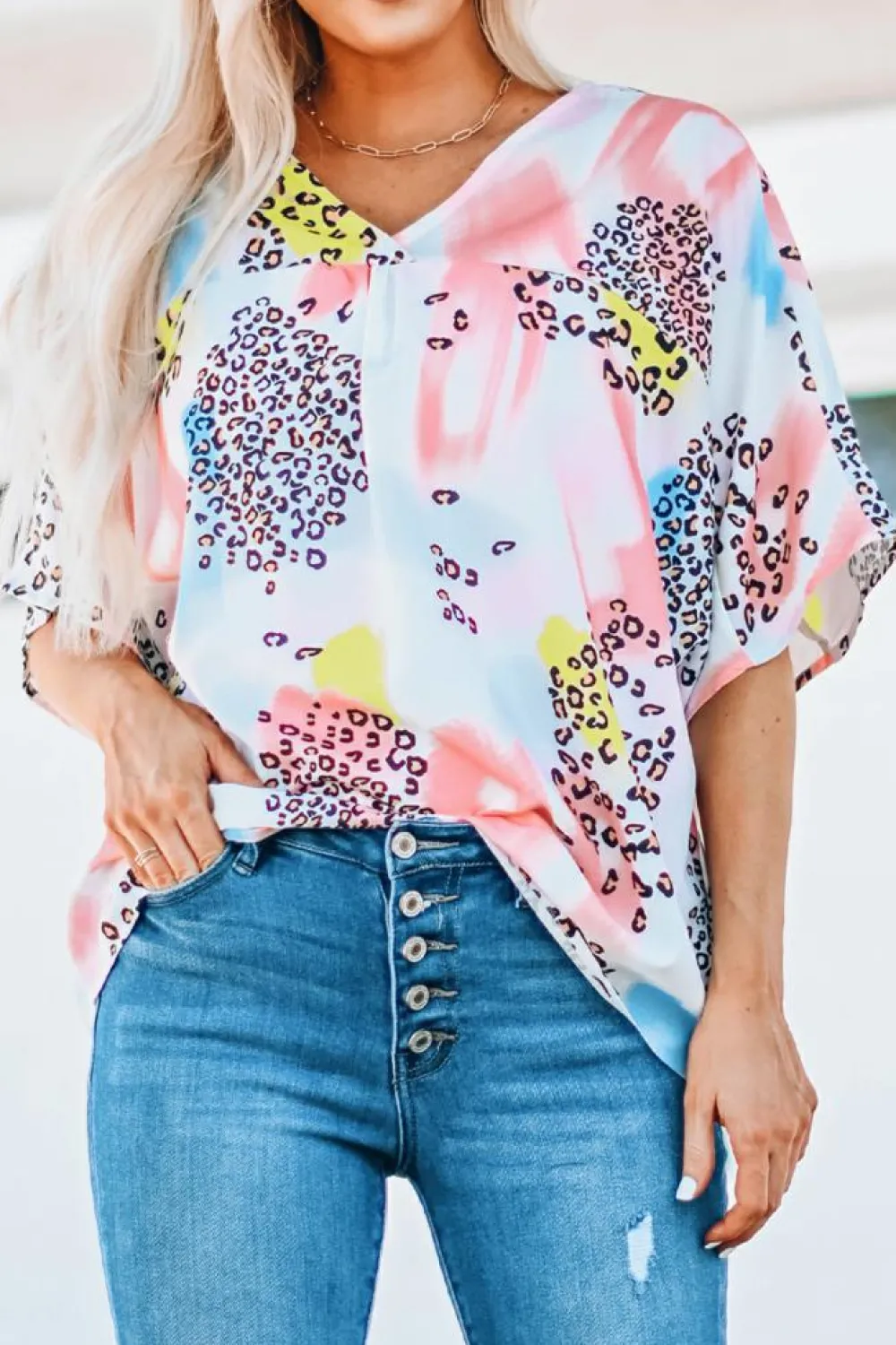 Fashion Dear-Lover Animal Watercolor Mixed Print Loose Top White