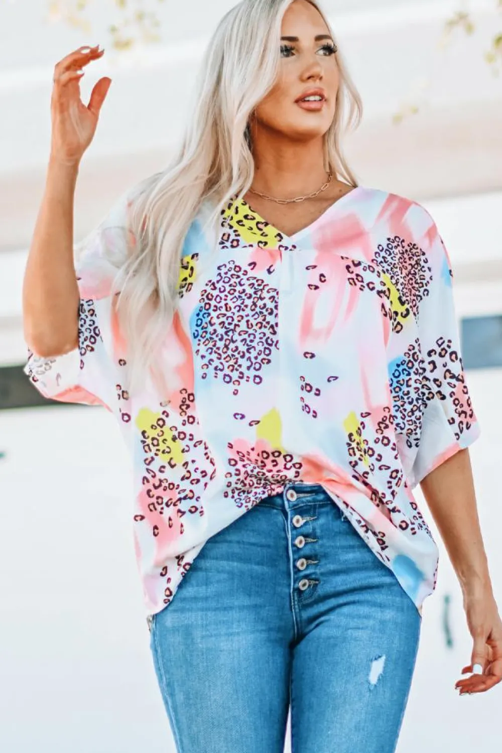 Fashion Dear-Lover Animal Watercolor Mixed Print Loose Top White