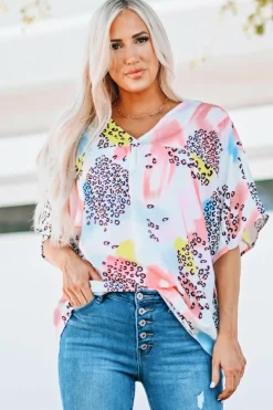 Fashion Dear-Lover Animal Watercolor Mixed Print Loose Top White
