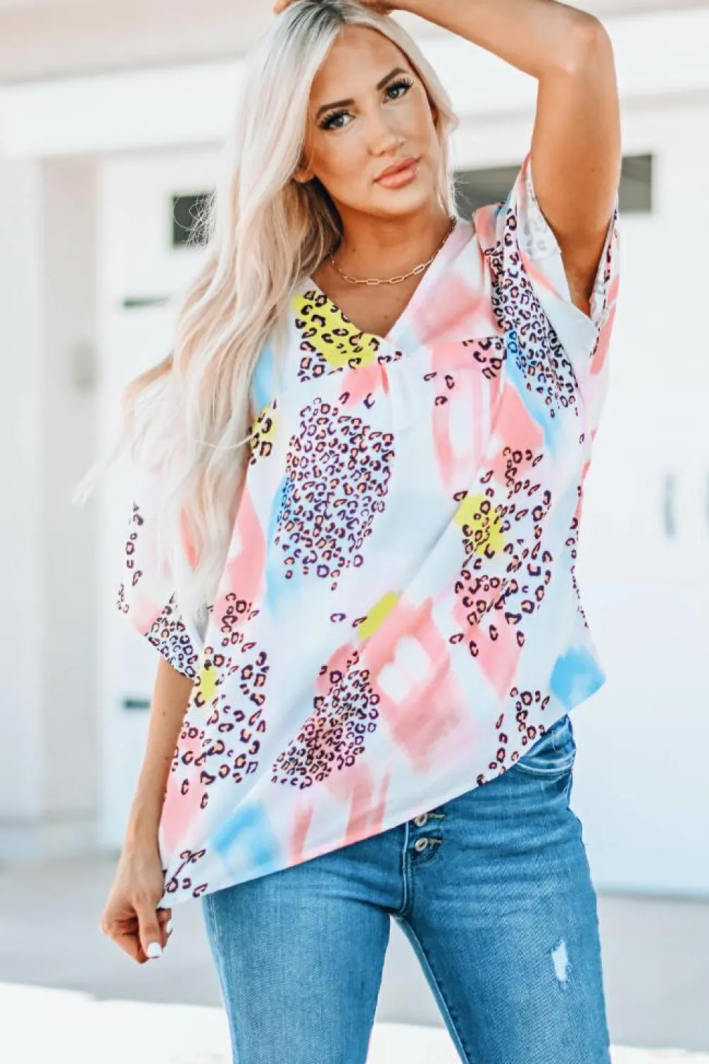 Fashion Dear-Lover Animal Watercolor Mixed Print Loose Top White
