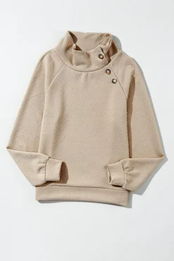 Discount Dear-Lover  Asymmetric Buttons Detail High Neck Textured Sweatshirt Apricot