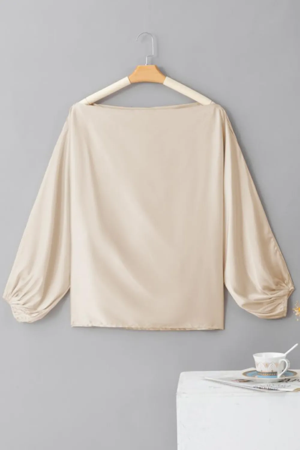 Outlet Dear-Lover Asymmetrical Neck Balloon Sleeve Satin Blouse Apricot