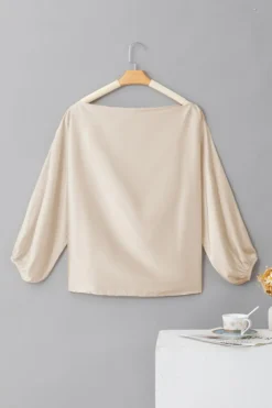 Outlet Dear-Lover Asymmetrical Neck Balloon Sleeve Satin Blouse Apricot