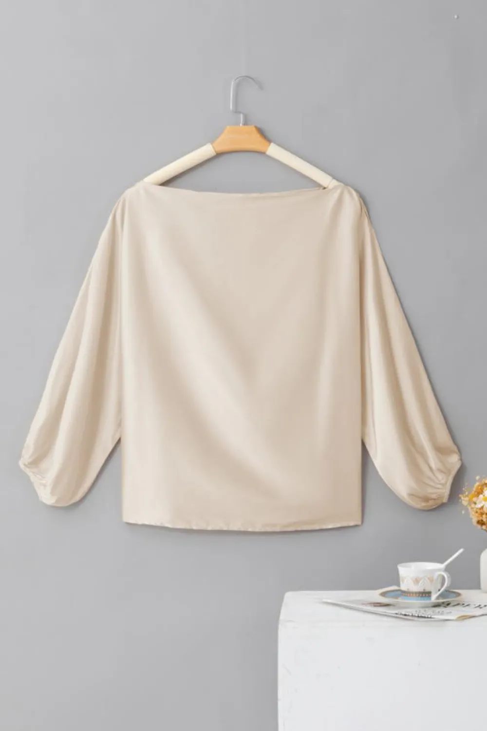 Outlet Dear-Lover Asymmetrical Neck Balloon Sleeve Satin Blouse Apricot
