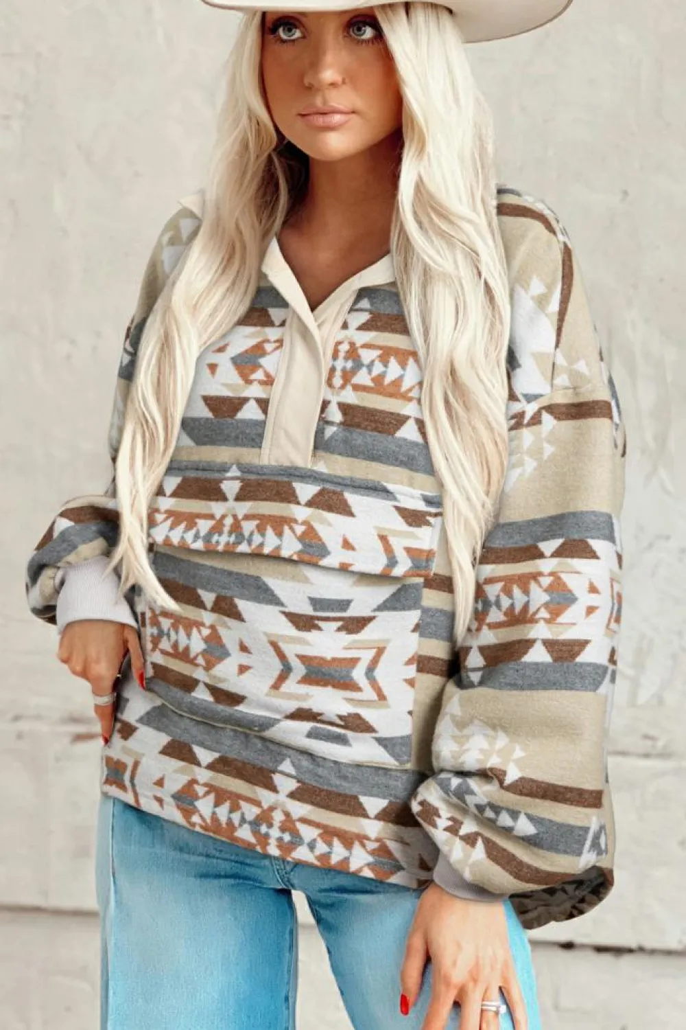 New Dear-Lover Aztec Print Collared Flap Pocket Sweatshirt Apricot