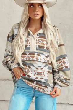New Dear-Lover Aztec Print Collared Flap Pocket Sweatshirt Apricot
