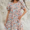 New Dear-Lover Bohemian Floral Print Short Puff Sleeve Mini Dress Apricot