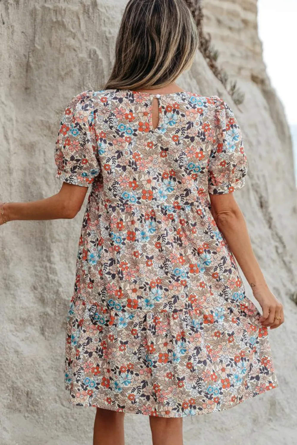 New Dear-Lover Bohemian Floral Print Short Puff Sleeve Mini Dress Apricot
