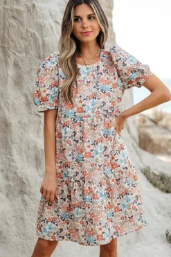 New Dear-Lover Bohemian Floral Print Short Puff Sleeve Mini Dress Apricot