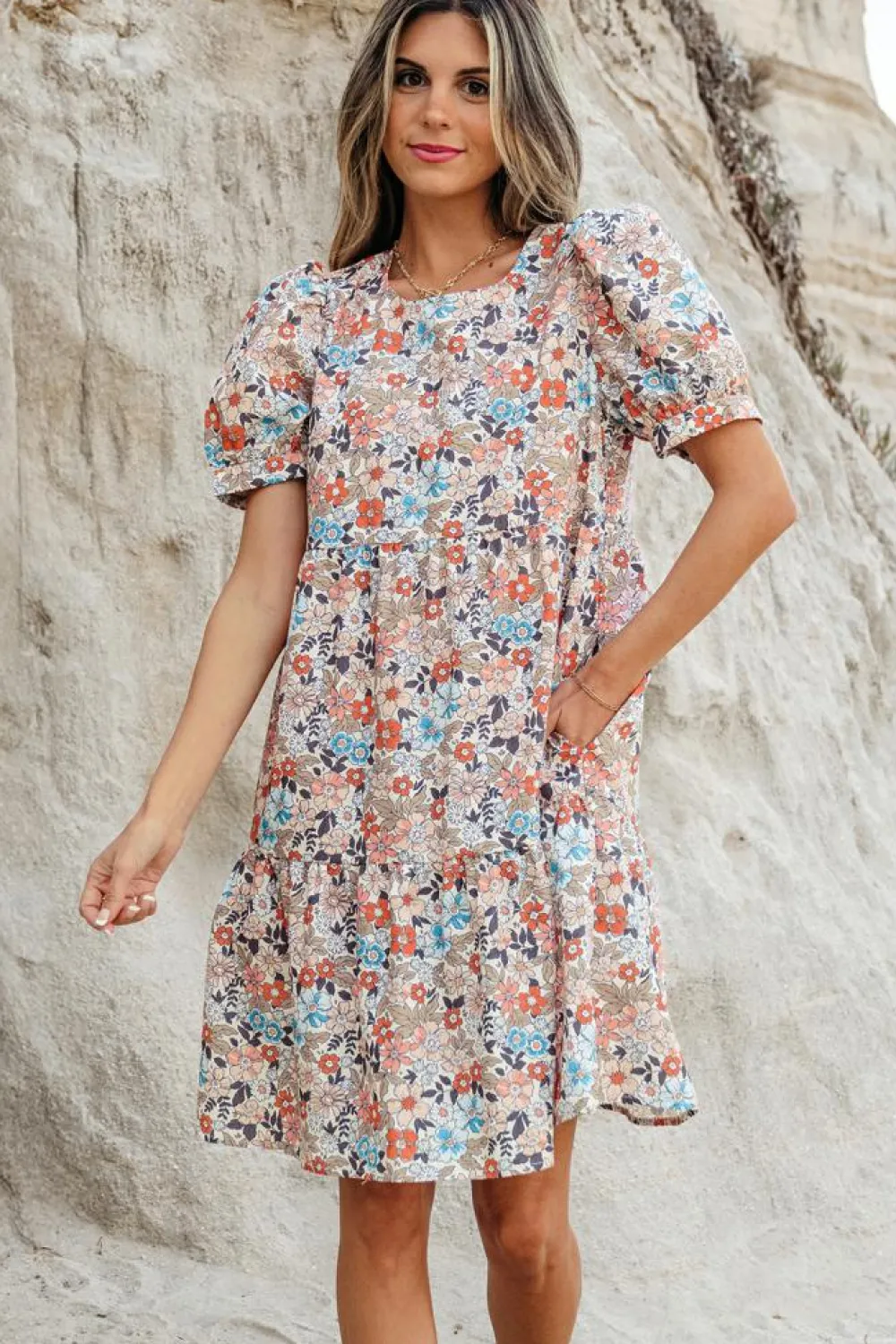 New Dear-Lover Bohemian Floral Print Short Puff Sleeve Mini Dress Apricot