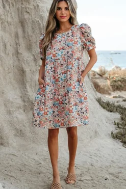 New Dear-Lover Bohemian Floral Print Short Puff Sleeve Mini Dress Apricot