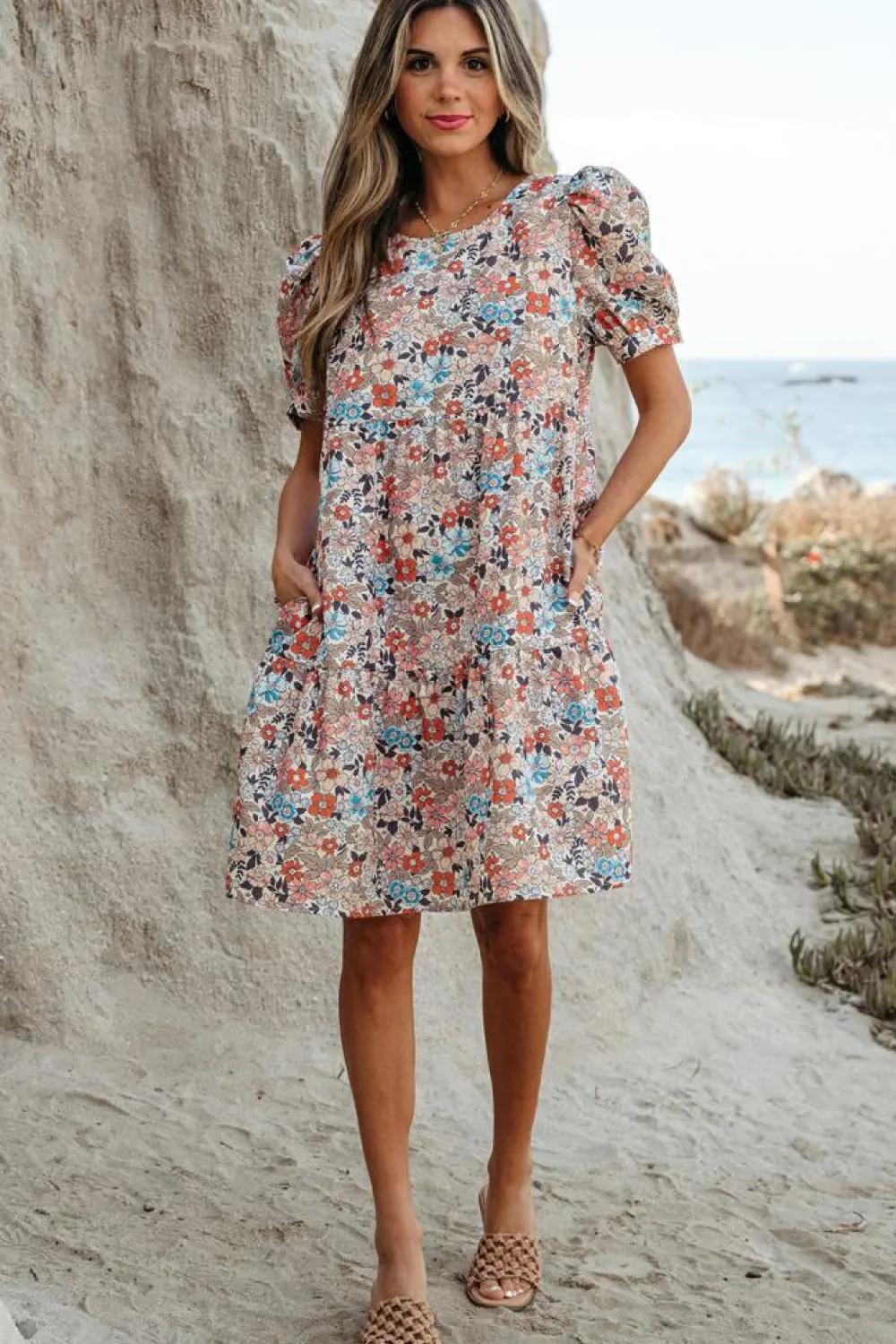 New Dear-Lover Bohemian Floral Print Short Puff Sleeve Mini Dress Apricot