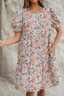 New Dear-Lover Bohemian Floral Print Short Puff Sleeve Mini Dress Apricot