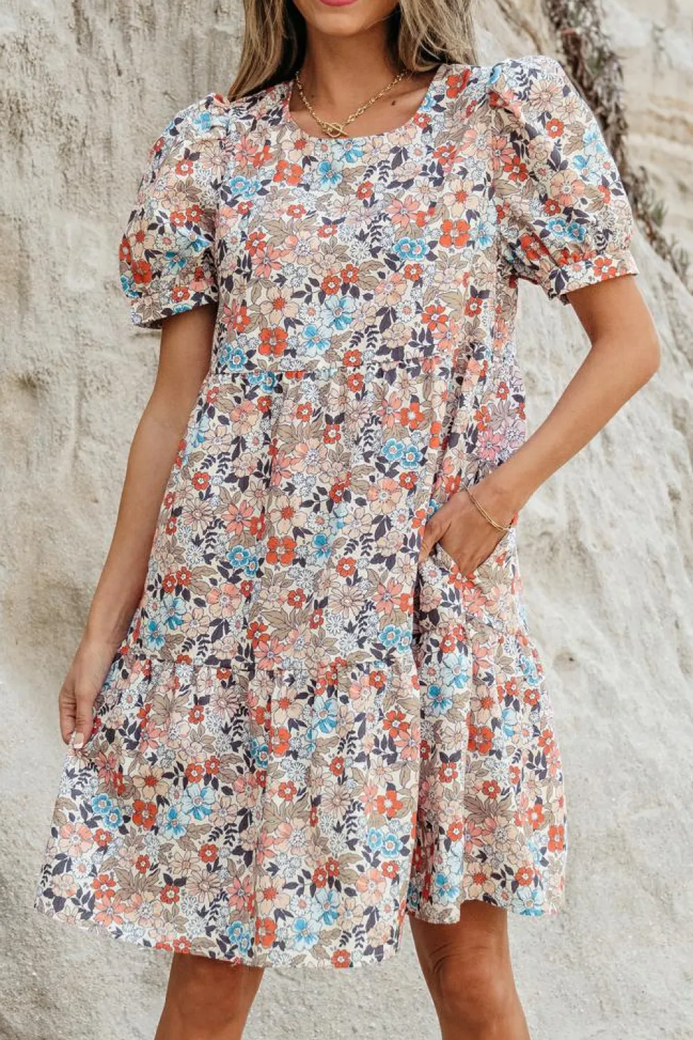 New Dear-Lover Bohemian Floral Print Short Puff Sleeve Mini Dress Apricot