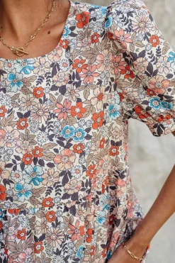 New Dear-Lover Bohemian Floral Print Short Puff Sleeve Mini Dress Apricot