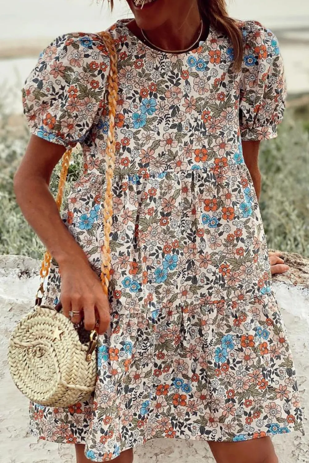 New Dear-Lover Bohemian Floral Print Short Puff Sleeve Mini Dress Apricot