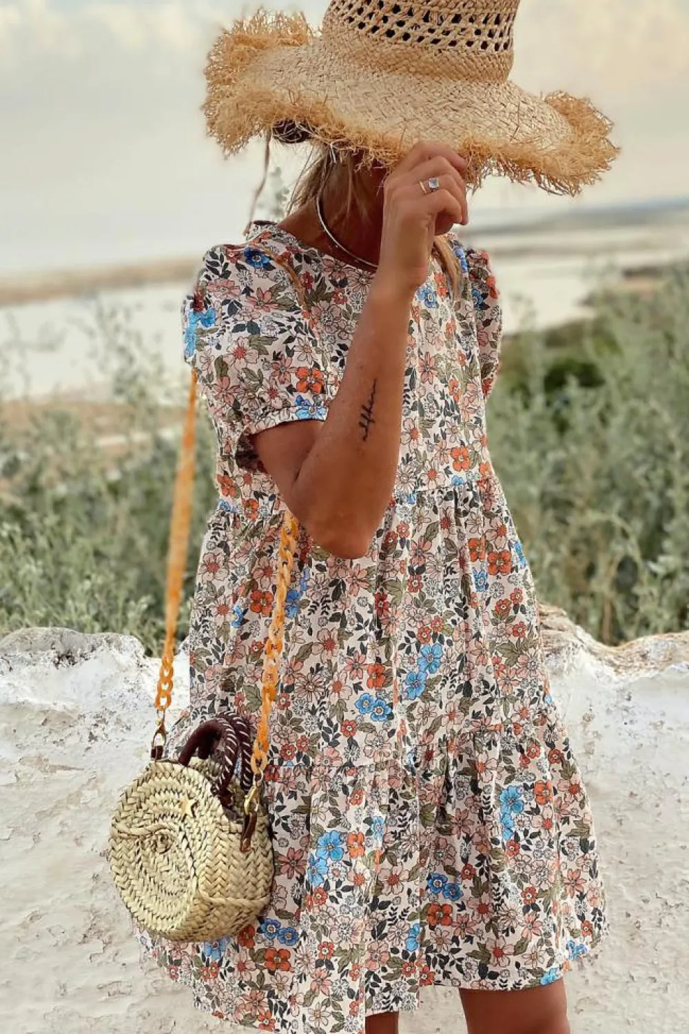 New Dear-Lover Bohemian Floral Print Short Puff Sleeve Mini Dress Apricot
