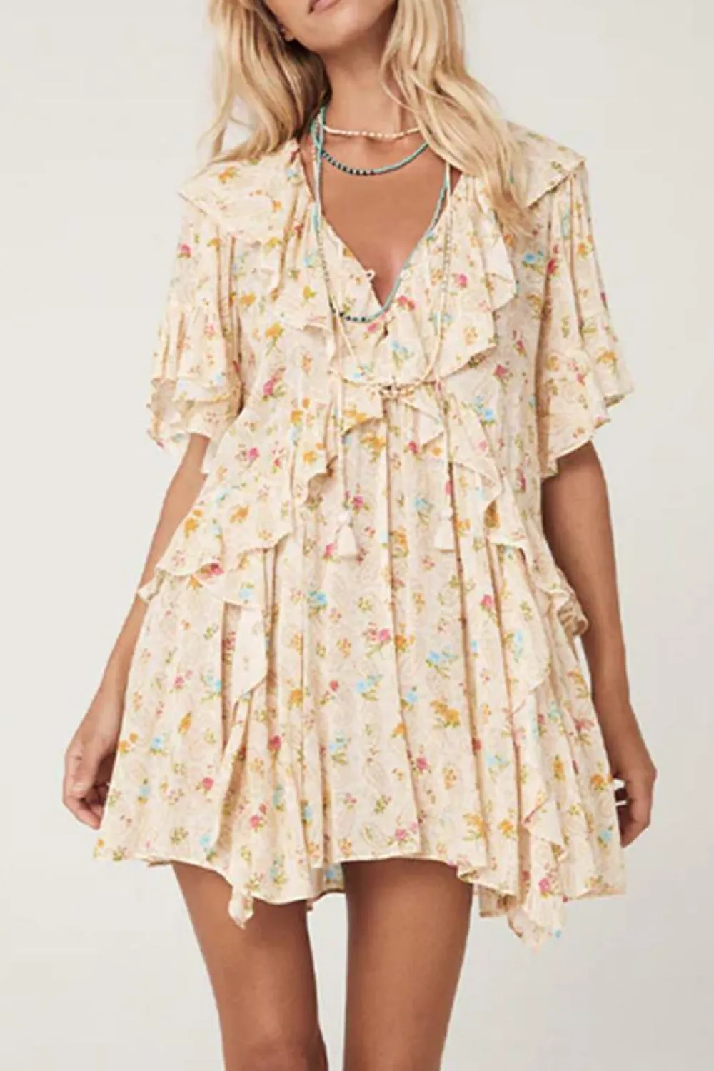 Online Dear-Lover Boho Floral Tassel Tie V Neck Ruffle Wide Sleeve Mini Dress Apricot