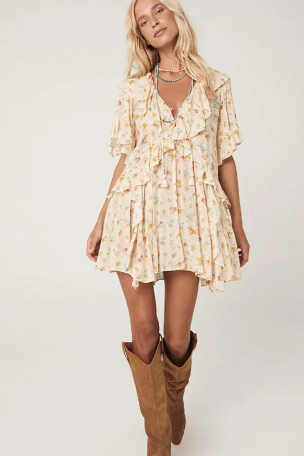 Online Dear-Lover Boho Floral Tassel Tie V Neck Ruffle Wide Sleeve Mini Dress Apricot