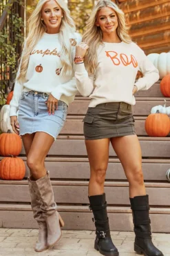 Best Dear-Lover Boo Knitted Pattern Ribbed Edge Drop Shoulder Sweater Apricot