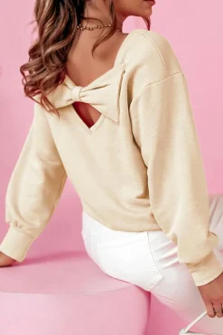 Sale Dear-Lover Bowknot Dewback Round Neck Sweatshirt Apricot