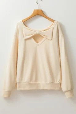 Sale Dear-Lover Bowknot Dewback Round Neck Sweatshirt Apricot
