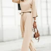New Dear-Lover Bracelet Sleeve Waist Tie Wide Leg Jumpsuit Apricot