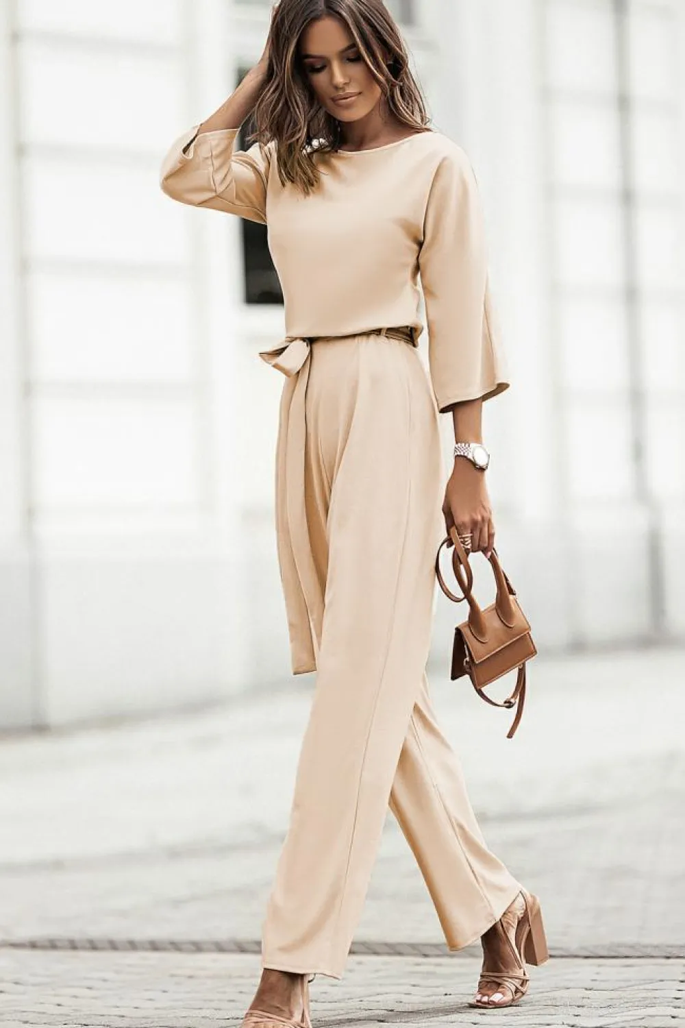 New Dear-Lover Bracelet Sleeve Waist Tie Wide Leg Jumpsuit Apricot