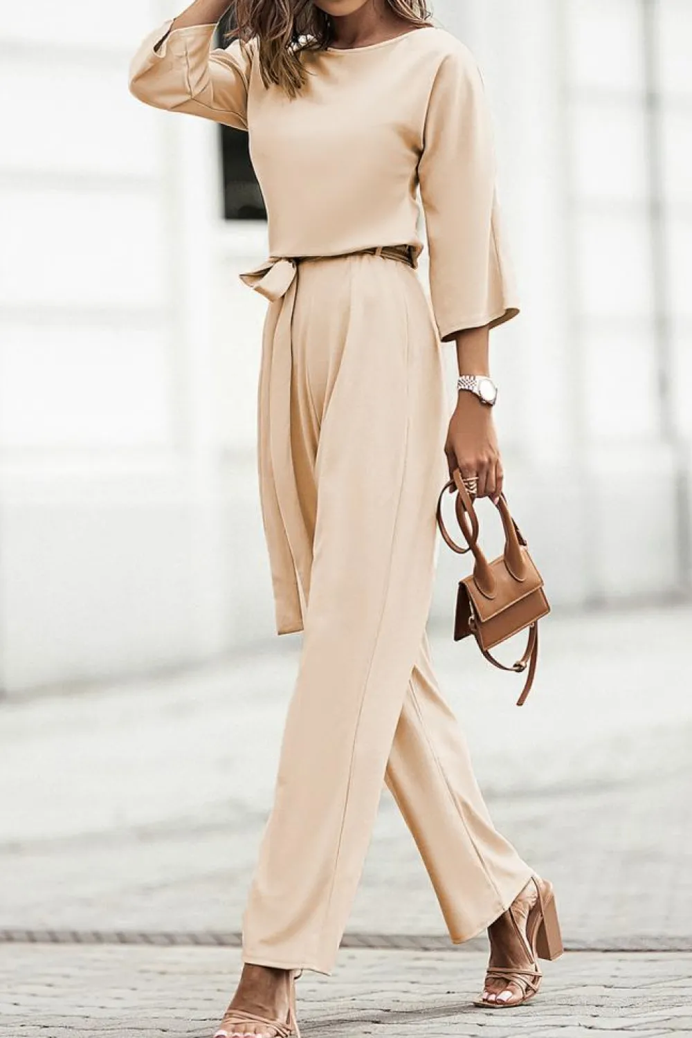 New Dear-Lover Bracelet Sleeve Waist Tie Wide Leg Jumpsuit Apricot