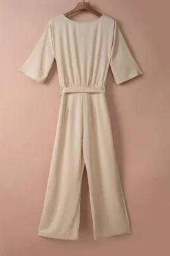 New Dear-Lover Bracelet Sleeve Waist Tie Wide Leg Jumpsuit Apricot