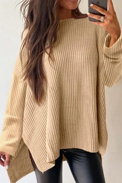 Fashion Dear-Lover Cable Knit Drop Shoulder Side Slits Loose Sweater Apricot