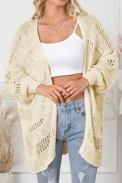 Hot Dear-Lover Casual Hollowed Knit Dolman Sleeve Cardigan Apricot