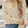 Sale Dear-Lover Checkered Buttons Collar V Neck Drop Shoulder Sweater Apricot