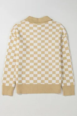 Sale Dear-Lover Checkered Buttons Collar V Neck Drop Shoulder Sweater Apricot