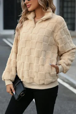 Best Dear-Lover Checkered Plush Quarter Zipper Pullover Sweatshirt Apricot