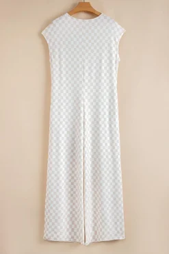 Outlet Dear-Lover Checkered Print Buttoned Crew Neck Wide Leg Jumpsuit Apricot