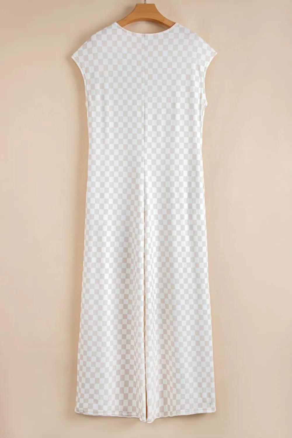 Outlet Dear-Lover Checkered Print Buttoned Crew Neck Wide Leg Jumpsuit Apricot