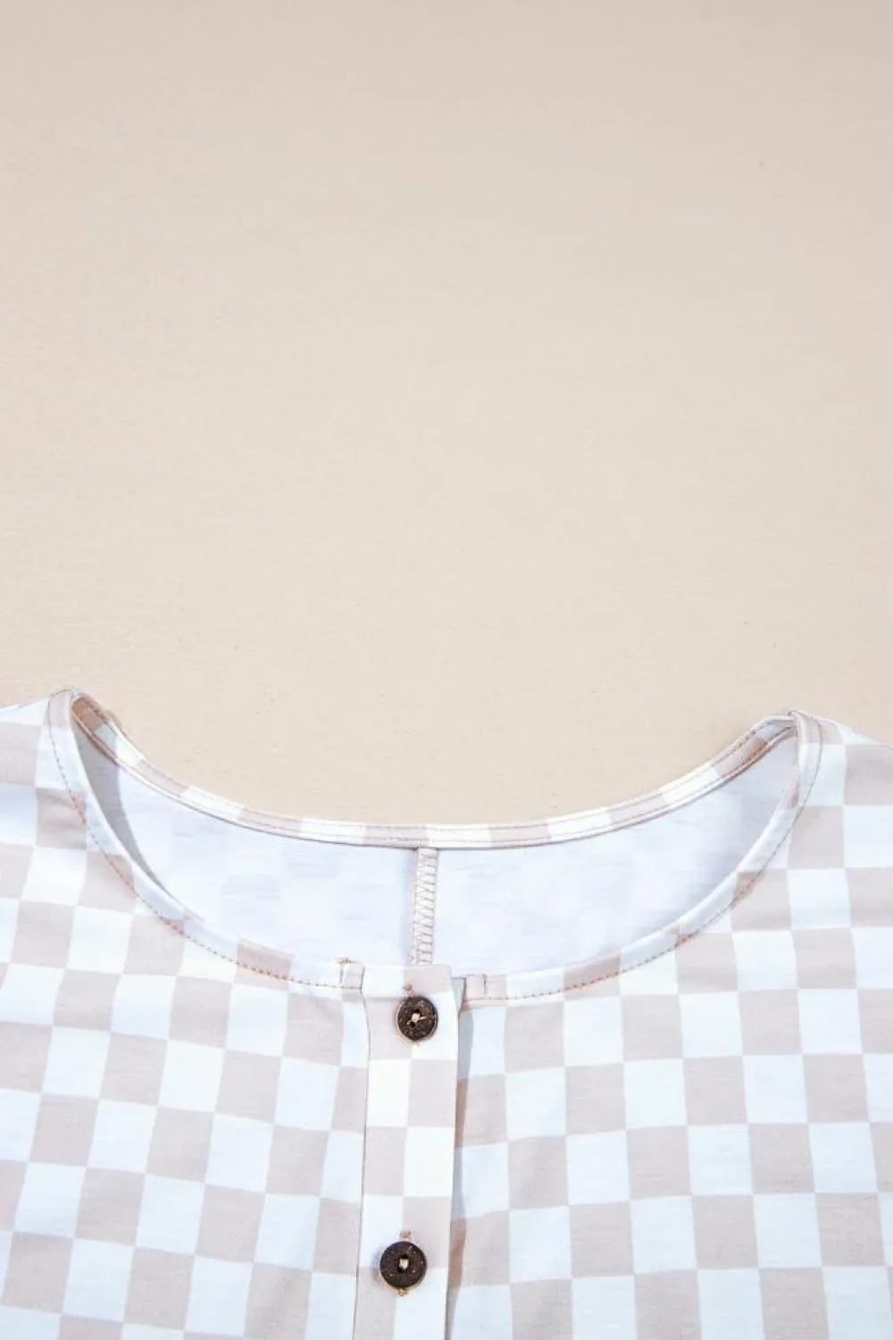 Outlet Dear-Lover Checkered Print Buttoned Crew Neck Wide Leg Jumpsuit Apricot