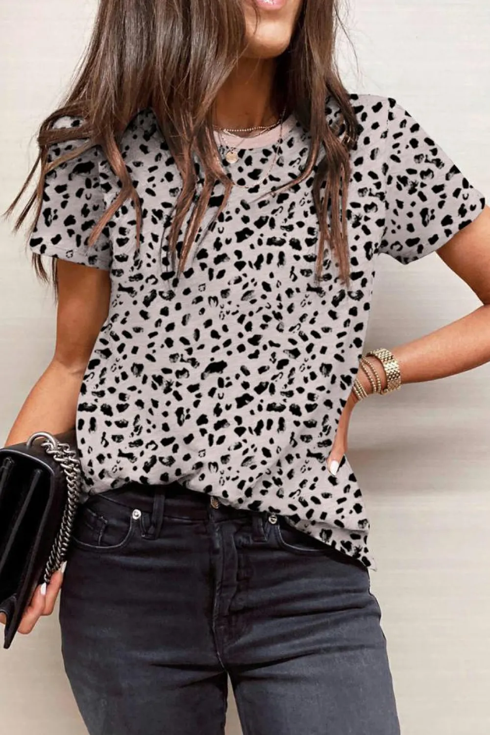 Fashion Dear-Lover Cheetah Print O-neck Short Sleeve T Shirt Apricot