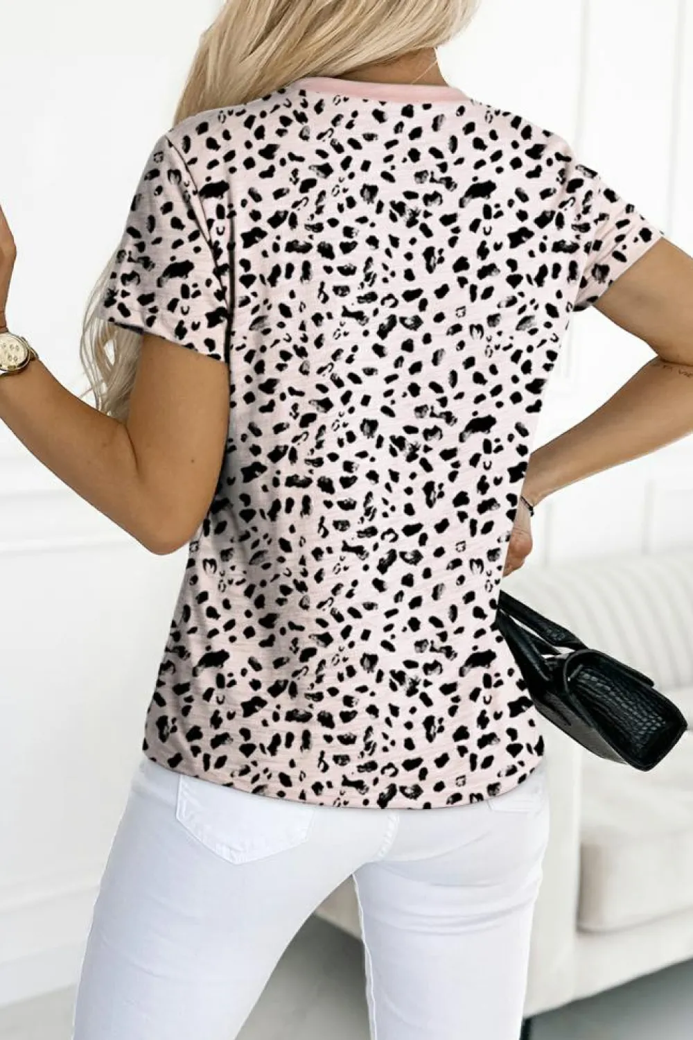Fashion Dear-Lover Cheetah Print O-neck Short Sleeve T Shirt Apricot