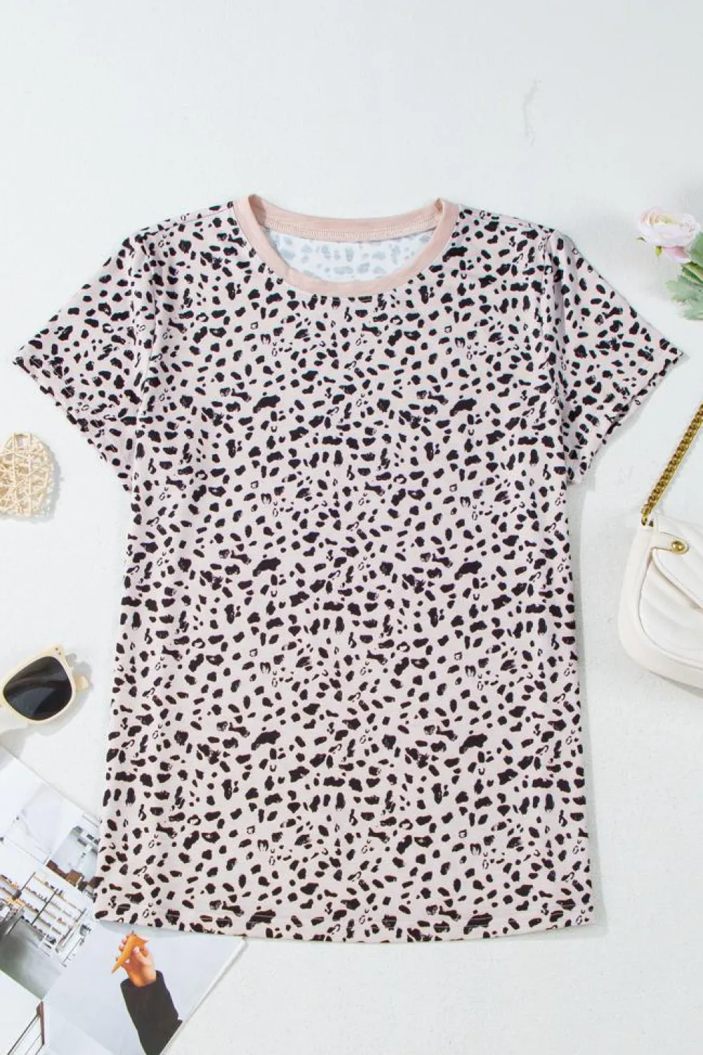 Fashion Dear-Lover Cheetah Print O-neck Short Sleeve T Shirt Apricot