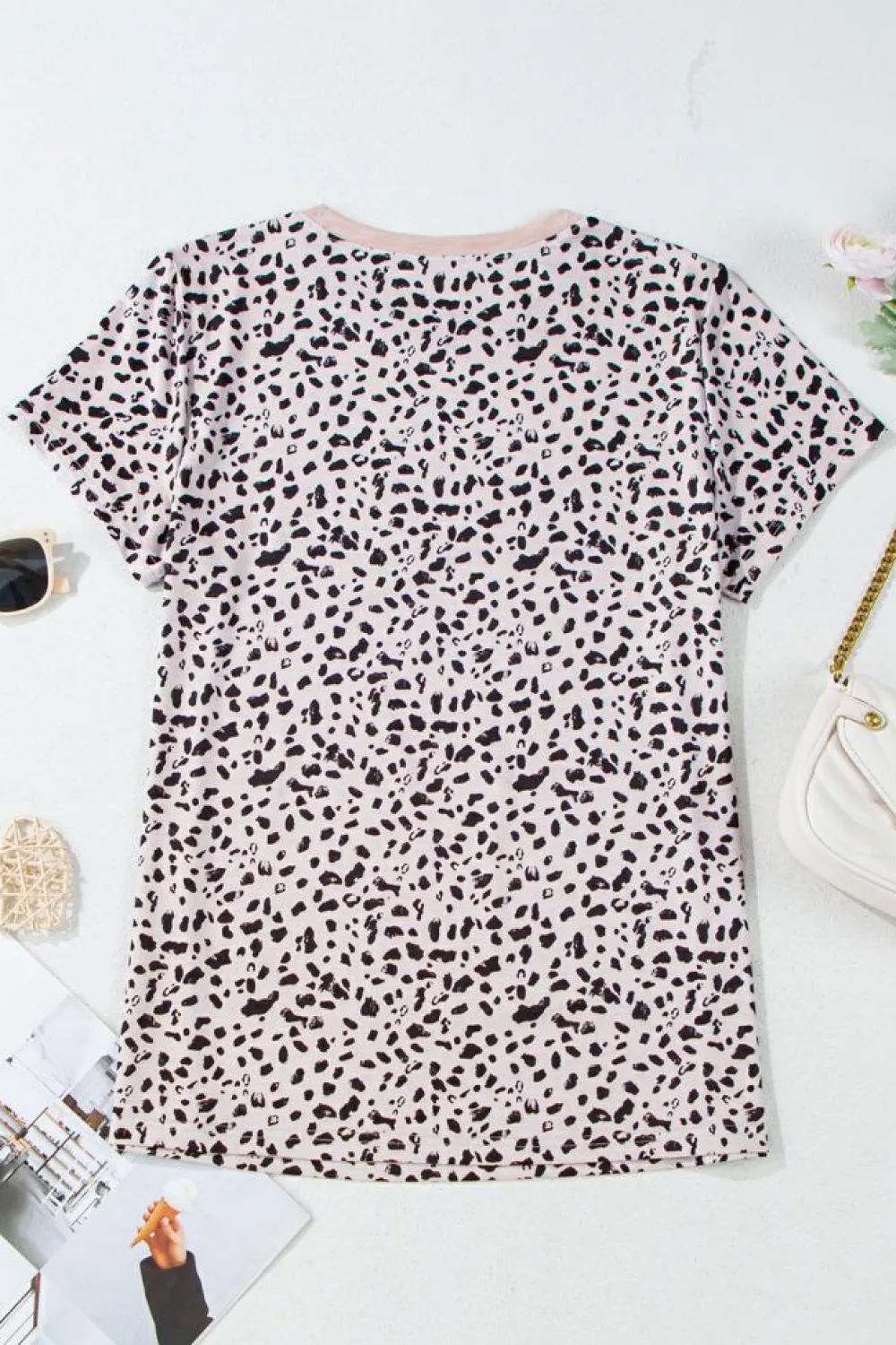 Fashion Dear-Lover Cheetah Print O-neck Short Sleeve T Shirt Apricot