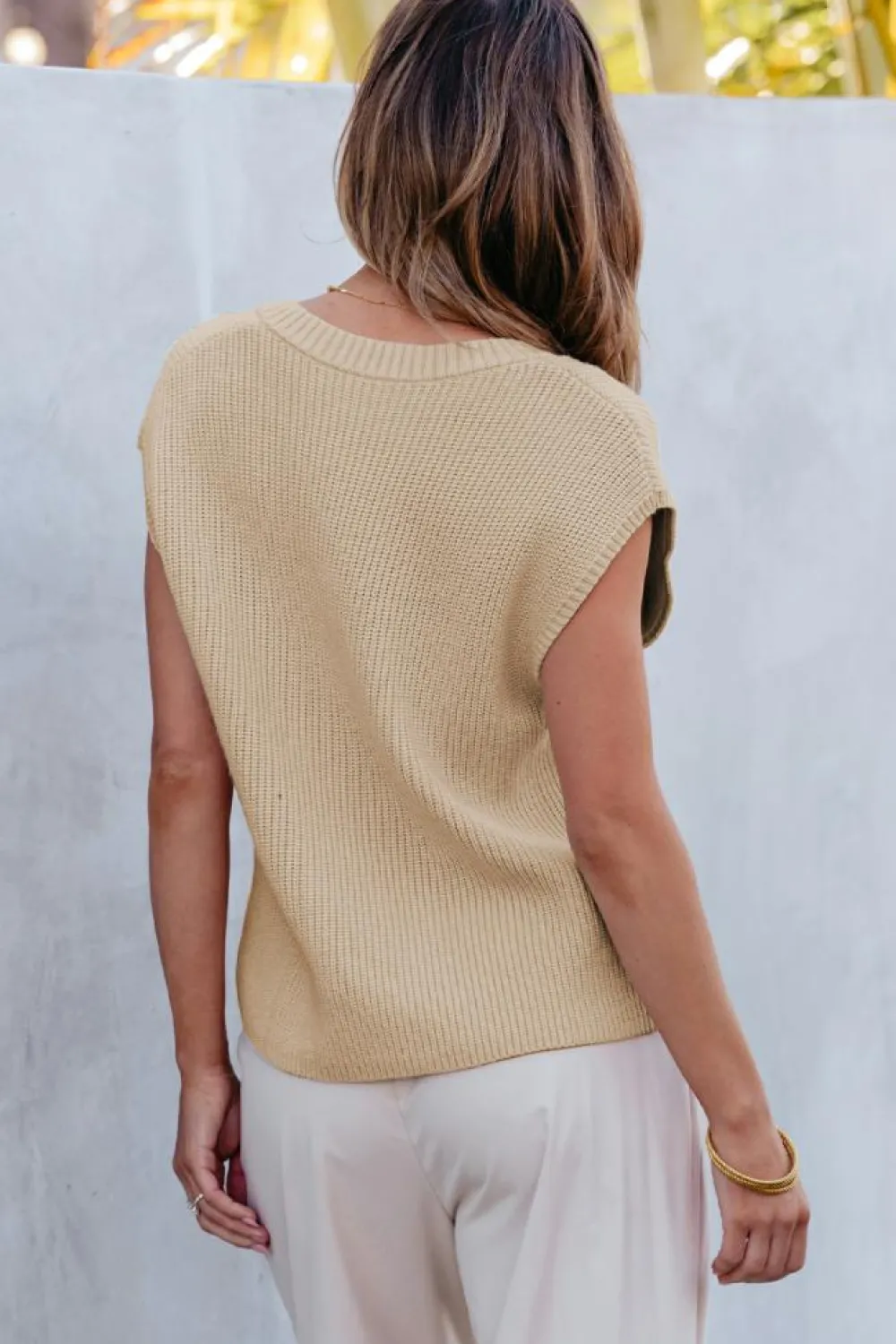 Fashion Dear-Lover Chest Pocket V Neck Ribbed Cap Sleeve Sweater Apricot