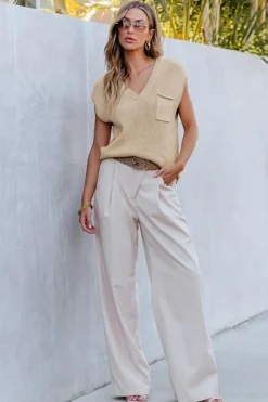 Fashion Dear-Lover Chest Pocket V Neck Ribbed Cap Sleeve Sweater Apricot