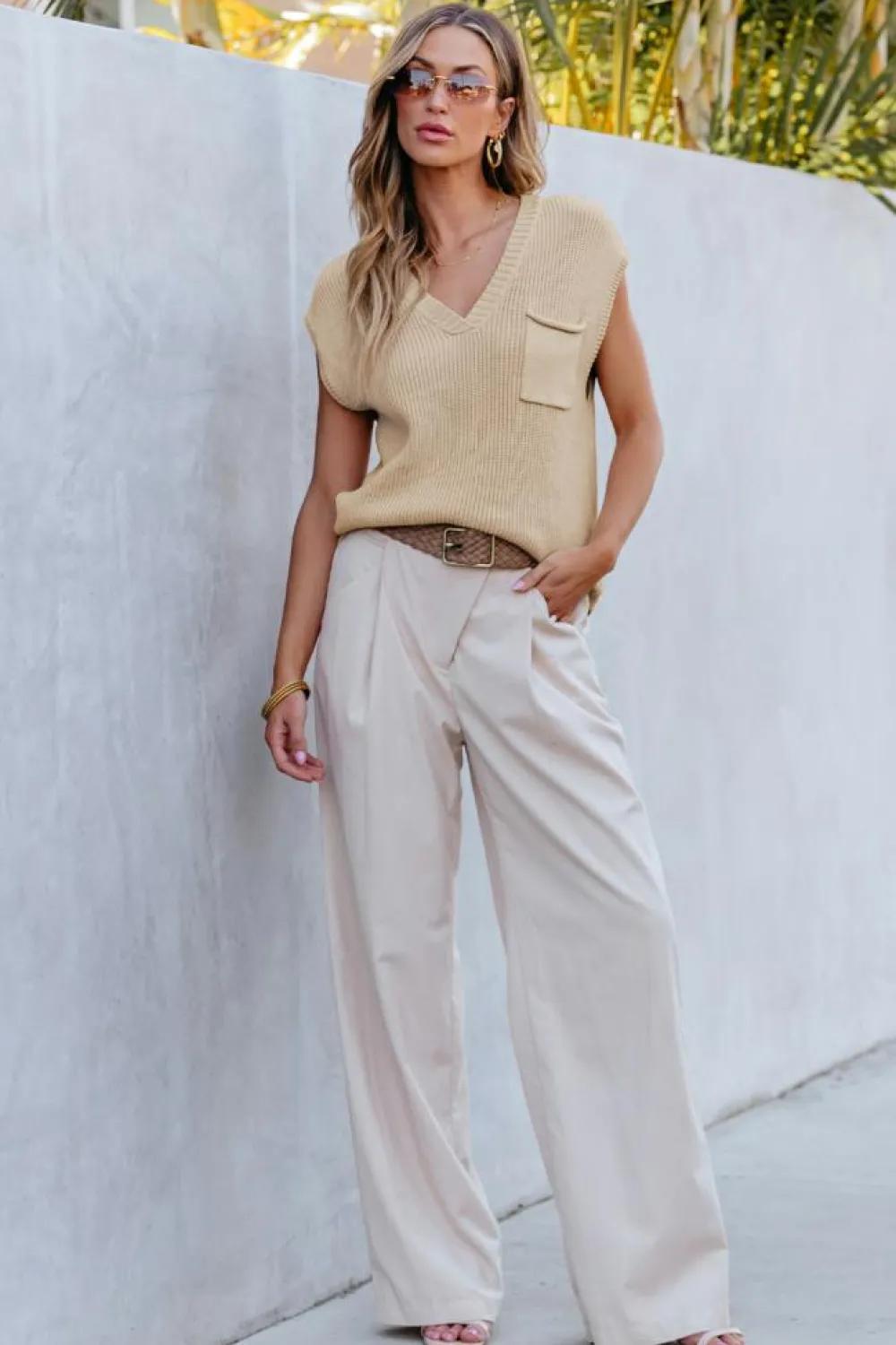Fashion Dear-Lover Chest Pocket V Neck Ribbed Cap Sleeve Sweater Apricot